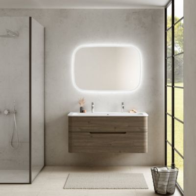 Ensemble salle de bains L. 119 cm meuble sous vasque décor noyer + plan vasque blanc mat Alba