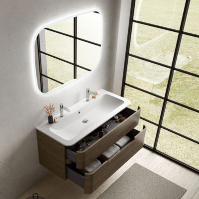 Ensemble salle de bains L. 119 cm meuble sous vasque décor noyer + plan vasque blanc mat Alba