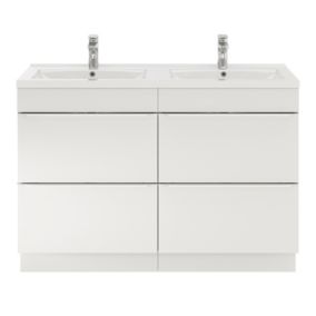 Ensemble salle de bains l.120 cm meuble à poser Imandra blanc brillant + plan double vasque céramique blanc