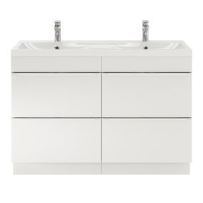 Ensemble salle de bains l.120 cm meuble à poser Imandra blanc brillant + plan double vasque résine blanc
