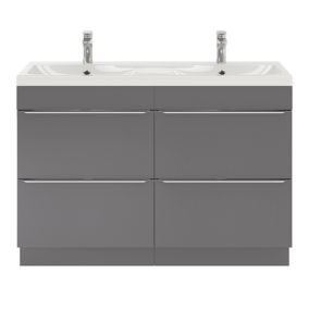 Ensemble salle de bains l.120 cm meuble à poser Imandra gris brillant + plan double vasque résine blanc
