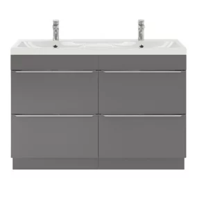 Ensemble salle de bains l.120 cm meuble à poser Imandra gris brillant + plan double vasque résine blanc