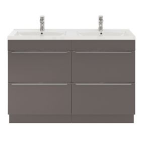 Ensemble salle de bains l.120 cm meuble à poser Imandra gris taupe brillant + plan double vasque céramique blanc