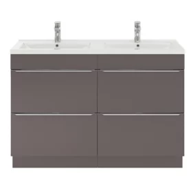 Ensemble salle de bains l.120 cm meuble à poser Imandra gris taupe brillant + plan double vasque céramique blanc
