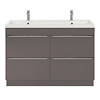 Ensemble salle de bains l.120 cm meuble à poser Imandra gris taupe brillant + plan double vasque résine blanc