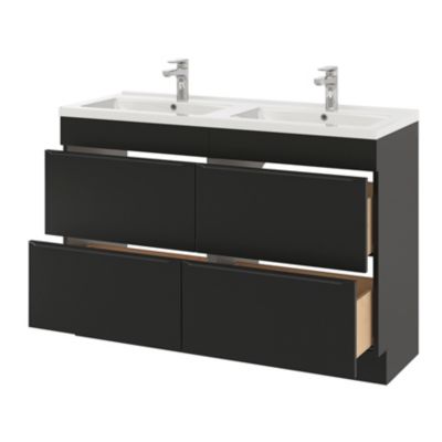Ensemble salle de bains l.120 cm meuble à poser Imandra noir mat + plan double double vasque céramique blanc