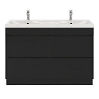 Ensemble salle de bains l.120 cm meuble à poser Imandra noir mat + plan double vasque résine blanc