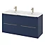 Ensemble salle de bains l.120 cm meuble à suspendre Imandra bleu nuit mat + plan double vasque céramique blanc