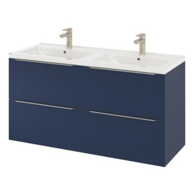 Ensemble salle de bains l.120 cm meuble à suspendre Imandra bleu nuit mat + plan double vasque céramique blanc