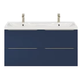 Ensemble salle de bains l.120 cm meuble à suspendre Imandra bleu nuit mat + plan double vasque résine blanc