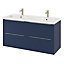 Ensemble salle de bains l.120 cm meuble à suspendre Imandra bleu nuit mat + plan double vasque résine blanc