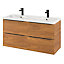 Ensemble salle de bains L.120 cm meuble à suspendre Imandra décor noyer + plan vasque résine blanc