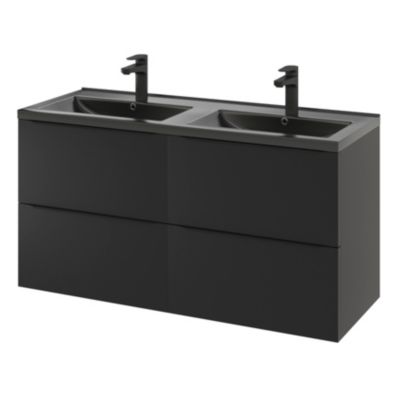 Ensemble salle de bains l.120 cm meuble à suspendre Imandra noir mat + plan doublevasque céramique noir