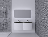 Ensemble salle de bains l.138 cm meuble sous vasque blanc brillant + plan double vasque verre noir mat Vague