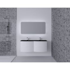 Ensemble salle de bains l.138 cm meuble sous vasque blanc brillant + plan double vasque verre noir mat Vague