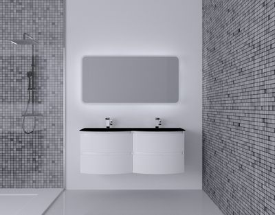 Ensemble salle de bains l.138 cm meuble sous vasque blanc brillant + plan double vasque verre noir mat Vague