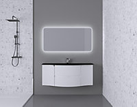 Ensemble salle de bains l.138 cm meuble sous vasque blanc brillant + plan vasque central verre noir mat Vague
