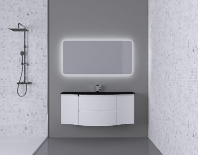 Ensemble salle de bains l.138 cm meuble sous vasque blanc brillant + plan vasque central verre noir mat Vague