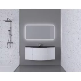 Ensemble salle de bains l.138 cm meuble sous vasque blanc brillant + plan vasque central verre noir mat Vague