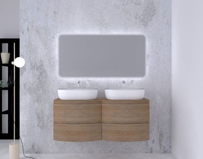 Ensemble salle de bains l.138 cm meuble sous vasque effet bois + plan de toilette double effet bois Vague