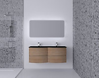 Ensemble salle de bains l.138 cm meuble sous vasque effet bois + plan double vasque verre noir mat Vague