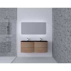 Ensemble salle de bains l.138 cm meuble sous vasque effet bois + plan double vasque verre noir mat Vague