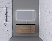 Ensemble salle de bains l.138 cm meuble sous vasque effet bois + plan vasque central verre noir mat Vague