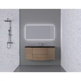 Ensemble salle de bains l.138 cm meuble sous vasque effet bois + plan vasque central verre noir mat Vague