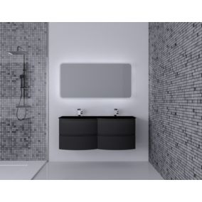 Ensemble salle de bains l.138 cm meuble sous vasque graphite mat + plan double vasque verre noir mat Vague