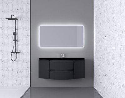 Ensemble salle de bains l.138 cm meuble sous vasque graphite mat + plan vasque central verre noir mat Vague