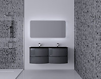 Ensemble salle de bains l.138 cm meuble sous vasque gris anthracite brillant + plan double vasque verre noir mat Vague