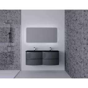 Ensemble salle de bains l.138 cm meuble sous vasque gris anthracite brillant + plan double vasque verre noir mat Vague