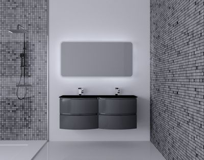 Ensemble salle de bains l.138 cm meuble sous vasque gris anthracite brillant + plan double vasque verre noir mat Vague
