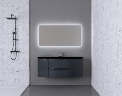 Ensemble salle de bains l.138 cm meuble sous vasque gris anthracite brillant + plan vasque central verre noir mat Vague