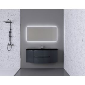 Ensemble salle de bains l.138 cm meuble sous vasque gris anthracite brillant + plan vasque central verre noir mat Vague