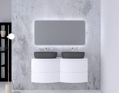Ensemble salle de bains l.138 cm meuble sous vasque + plan de toilette double blanc brillant Vague