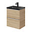 Ensemble salle de bains l.50 cm meuble à suspendre faible profondeur Imandra décor chêne + plan vasque céramique noir