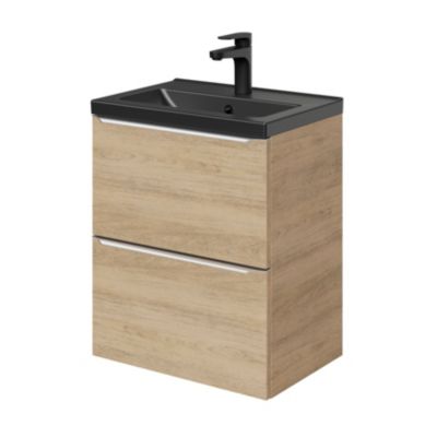 Ensemble salle de bains l.50 cm meuble à suspendre faible profondeur Imandra décor chêne + plan vasque céramique noir