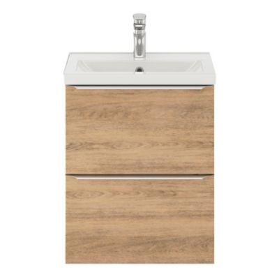 Ensemble salle de bains L.50 cm meuble à suspendre faible profondeur Imandra décor chêne + plan vasque porcelaine blanc