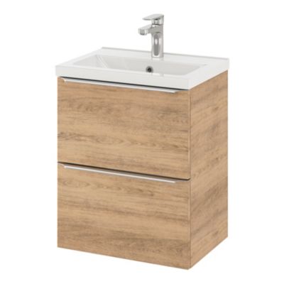 Ensemble salle de bains L.50 cm meuble à suspendre faible profondeur Imandra décor chêne + plan vasque porcelaine blanc