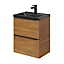 Ensemble salle de bains l.50 cm meuble à suspendre faible profondeur Imandra décor noyer + plan vasque céramique noir