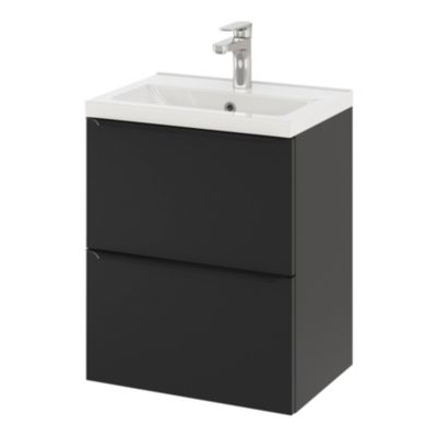 Ensemble salle de bains l.50 cm meuble à suspendre faible profondeur Imandra noir mat + plan vasque céramique blanc
