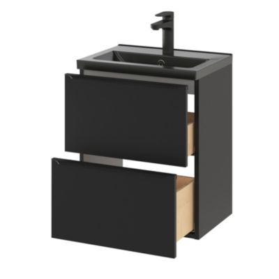 Ensemble salle de bains l.50 cm meuble à suspendre faible profondeur Imandra noir mat + plan vasque céramique noir