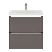 Ensemble salle de bains L.60 cm meuble à suspendre faible profondeur Imandra gris taupe brillant + plan vasque résine blanc