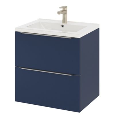Ensemble salle de bains l.60 cm meuble à suspendre Imandra bleu nuit mat + plan vasque céramique blanc