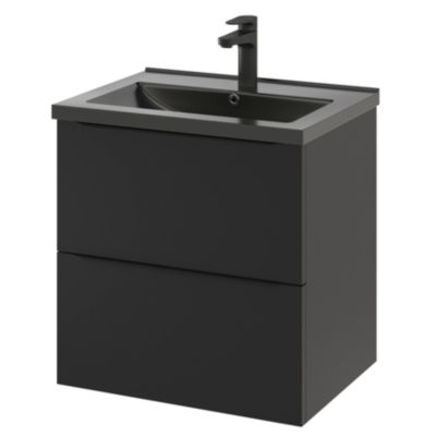 Ensemble salle de bains l.60 cm meuble à suspendre Imandra noir mat + plan vasque céramique noir