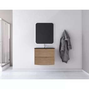 Ensemble salle de bains l.70 cm meuble sous vasque effet bois + plan vasque verre noir mat Vague
