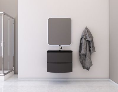Ensemble salle de bains l.70 cm meuble sous vasque graphite mat + plan vasque verre noir mat Vague