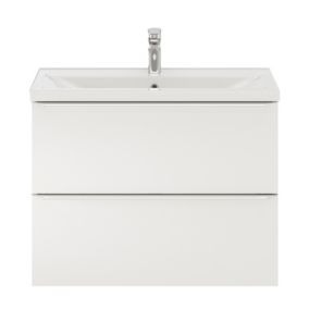 Ensemble salle de bains l.80 cm meuble à suspendre faible profondeur Imandra blanc brillant + plan vasque céramique blanc