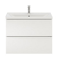 Ensemble salle de bains L.80 cm meuble à suspendre faible profondeur Imandra blanc brillant + plan vasque porcelaine blanc